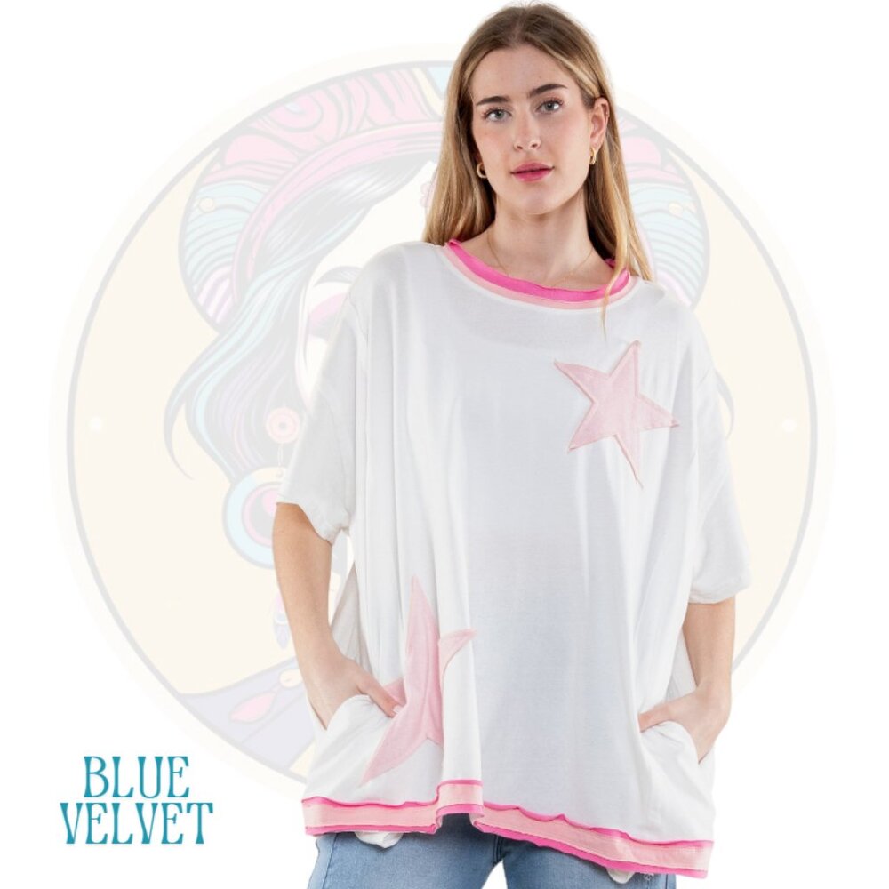 3V BLUE VELVET Double Layer Star Applique Top Pink White